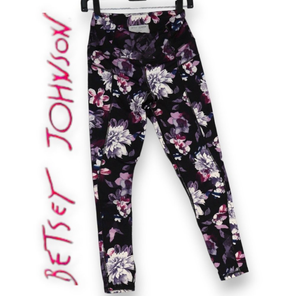 Betsey Johnson  Performance Leggings in Black with Pink & Purple Pastel Flowers